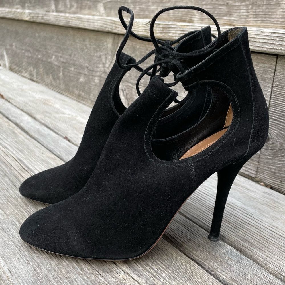 AQUAZZURA Babe 105 black suede tie ankle bootie high heels 6